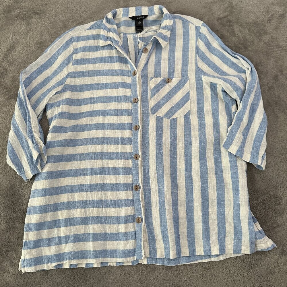 Ali Miles Blue White Striped Linen Blend Blouse XL Shirt Top Lagenlook